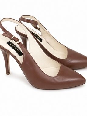 Escada Brown Leather Slingback Platform Pumps Heels EU 37.5 / US 7.5 Luxe Design